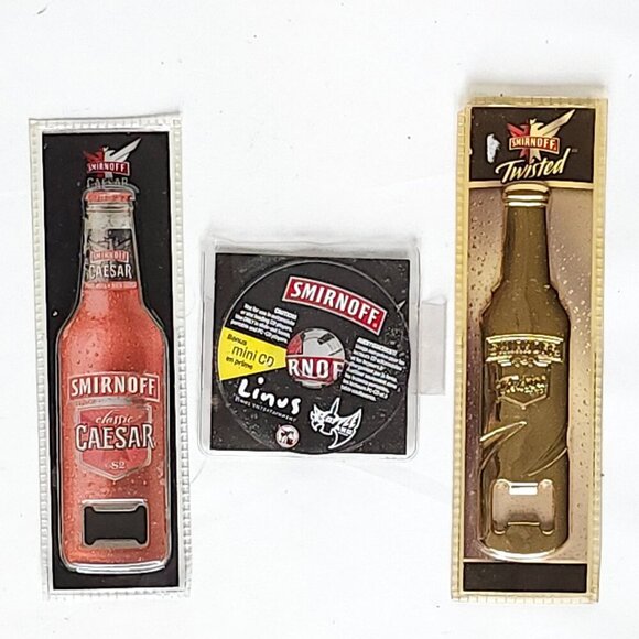 RETRO SMIRNOFF Vodka Lot SMIRNOFF TWISTED Opener SMIRNOFF Caesar Opener MINI CD - Picture 1 of 2